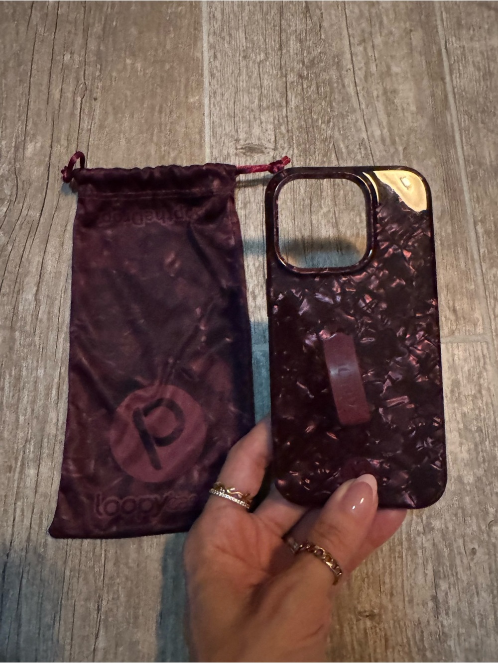 Loopy Case iPhone 15 pro Case Wine Opal Shell with Matching Pouch